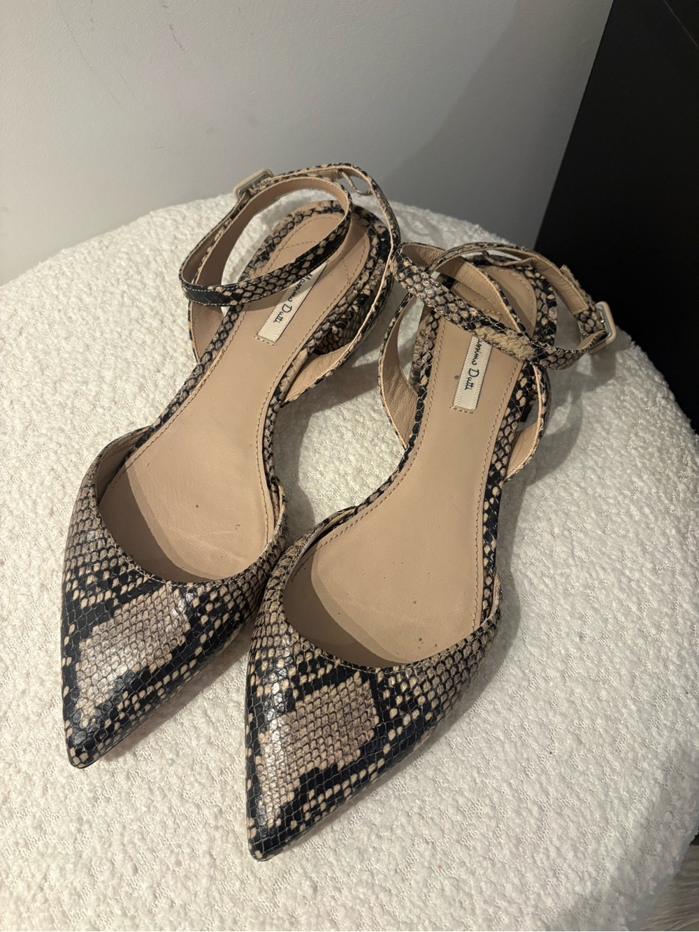 Massimo Dutti Beige and Black Snake-Print Pointed Flats with Ankle Strap